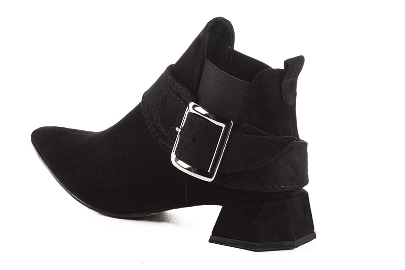 Matt black women's ankle boots, with elastics. Tapered toe. Low flare heels. Rear view - Florence KOOIJMAN